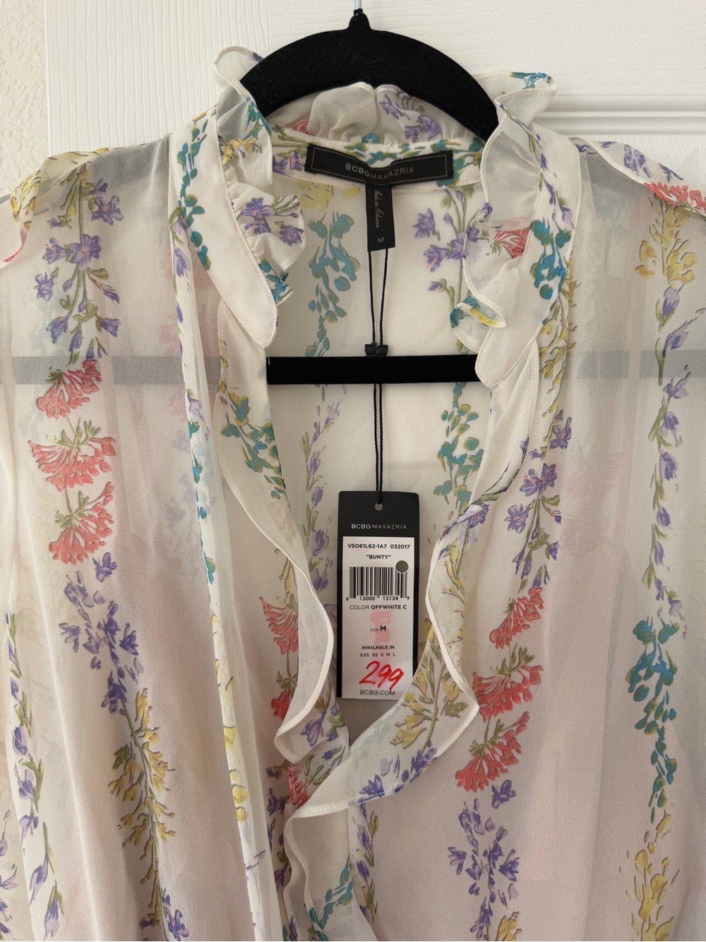 BCBGMaxAzria Off-White Sheer Floral Ruffle Midi Dress